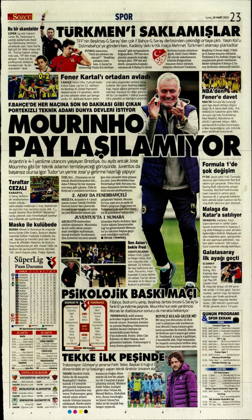 "Mourinho paylaşılamıyor" (28 Mart 2025 spor manşetleri) 