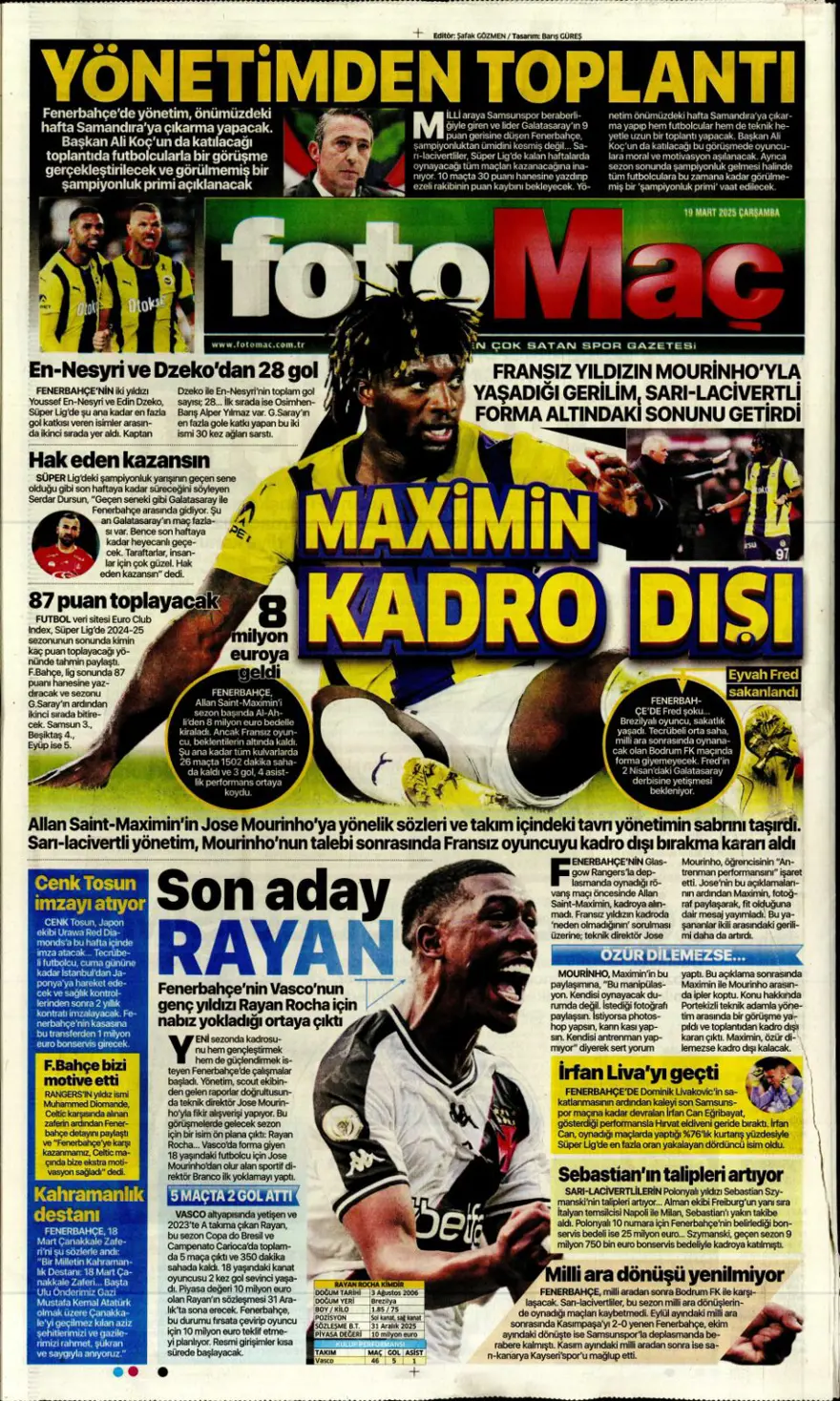 "Kayıtsız şartsız Mourinho" (19 Mart 2025 spor manşetleri) 6 "Kayıtsız şartsız Mourinho" (19 Mart 2025 spor manşetleri) 6