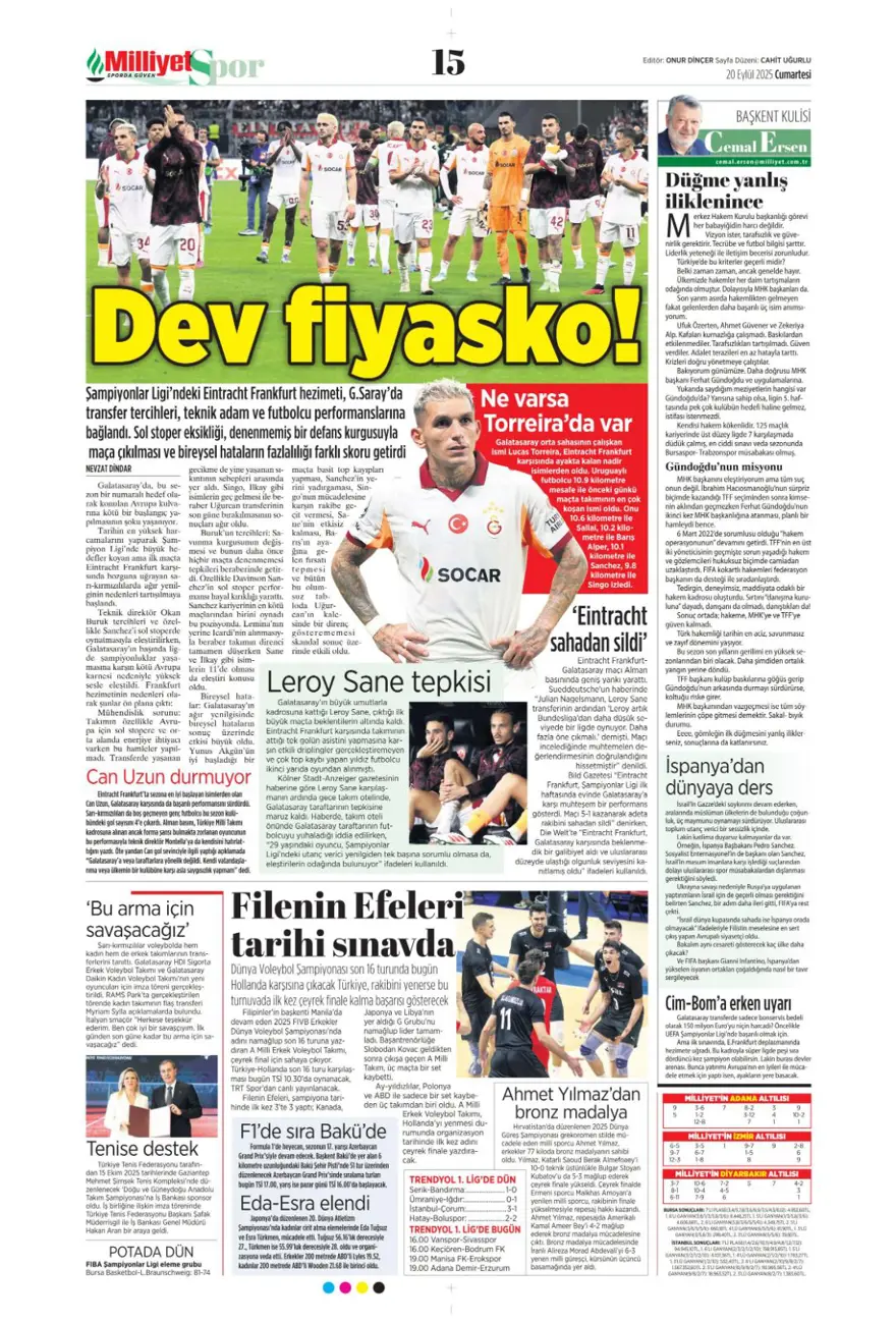 "Kartal yoğun bakımda" (20 Eylül spor manşetleri) 14