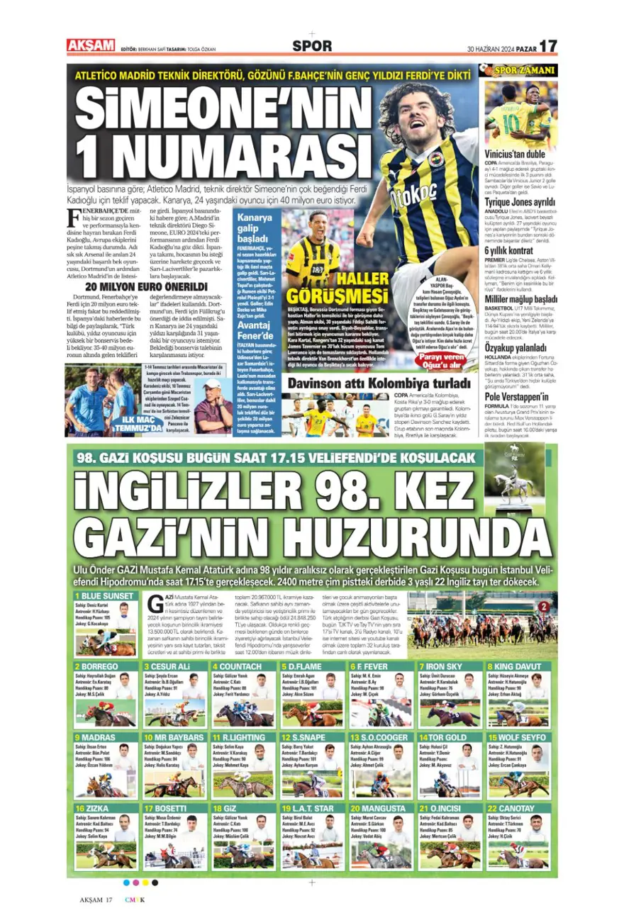 "Avusturya'ya farklı 11" (30 Haziran 2024 spor manşetleri) 1