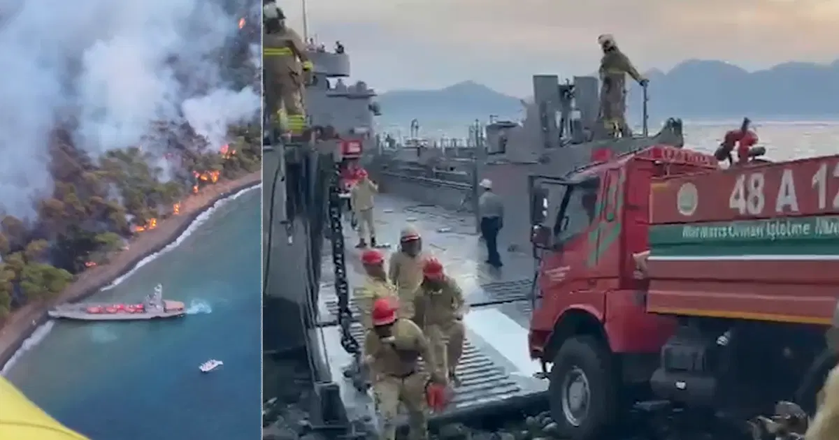 Marmaris'te orman yangını. Arazözleri çıkarma gemileri taşıdı