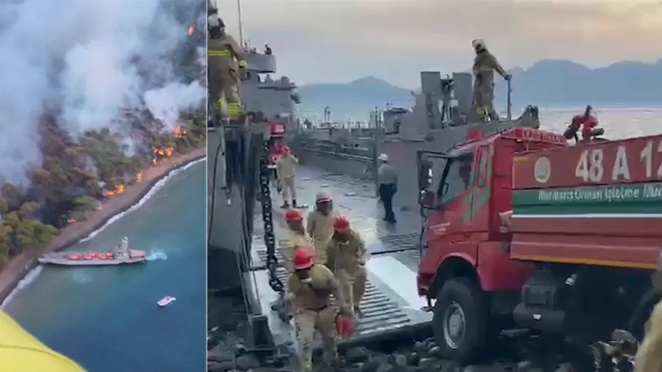 Marmaris'te orman yangını. Arazözleri çıkarma gemileri taşıdı