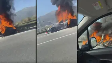 Seyir halindeki Tesla alev alev yandı! Sürücü son anda kurtuldu