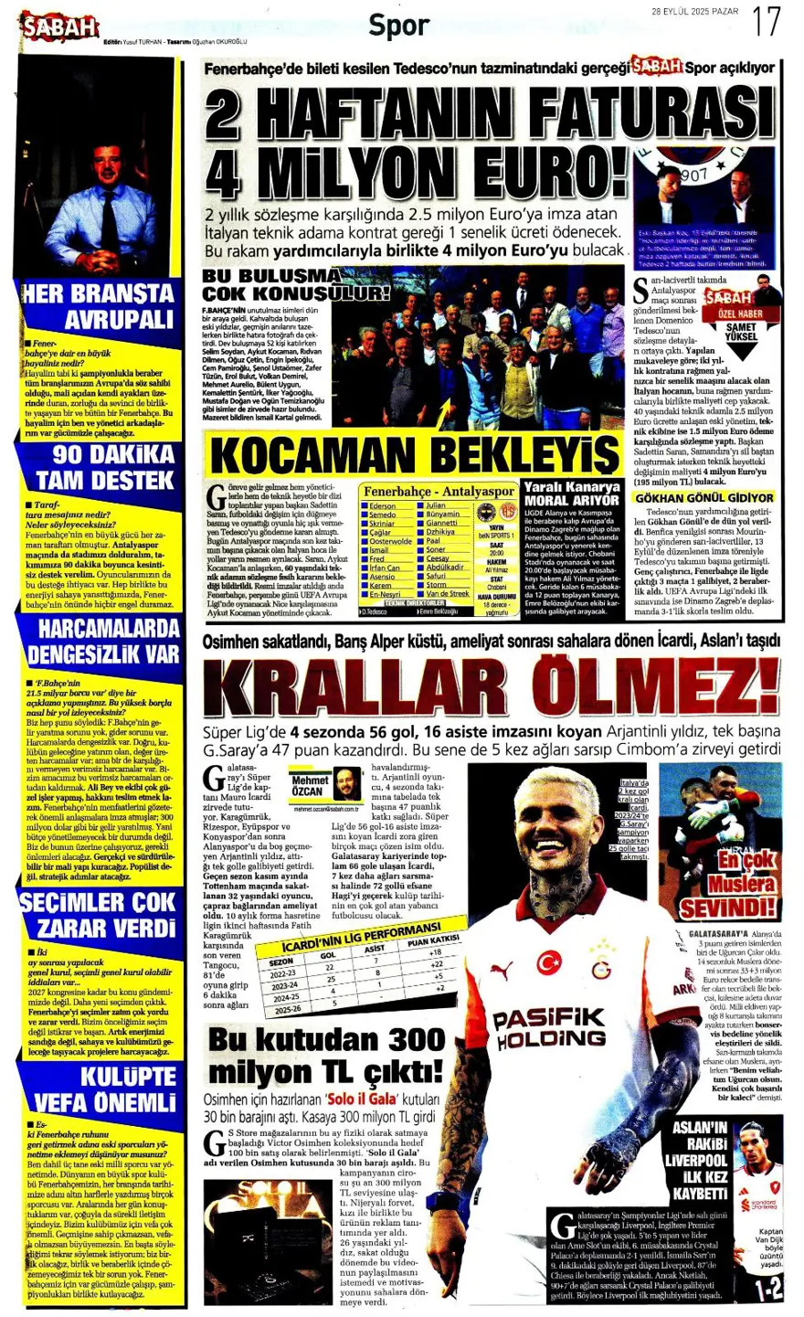"Fenerbahçe'nin kader gecesi" (28 Eylül 2025 spor manşetleri) 18