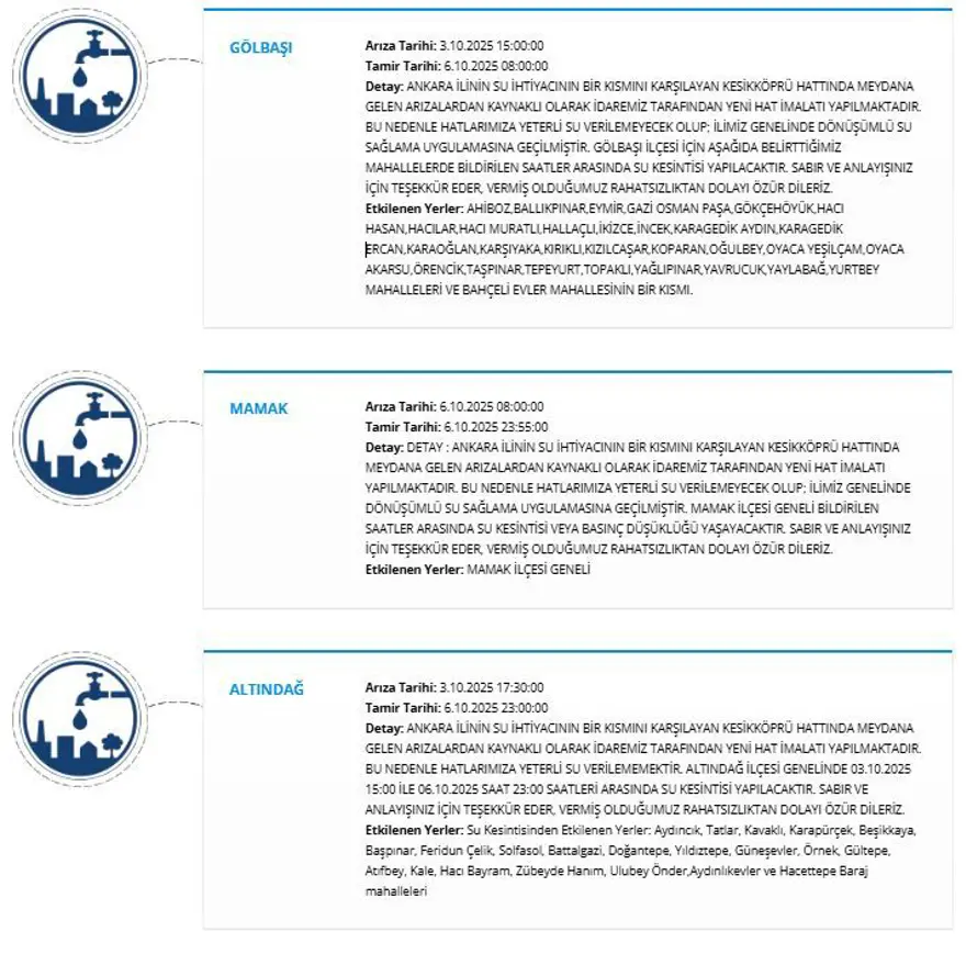 Ankara'nın 7 ilçesinde su kesintisi: Sular ne zaman gelecek? (ASKİ 6 Ekim su kesintisi programı) 6