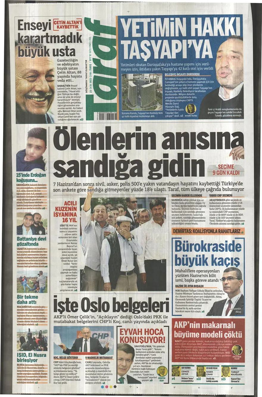 Günün gazete manşetleri - 23 Ekim 2015 10