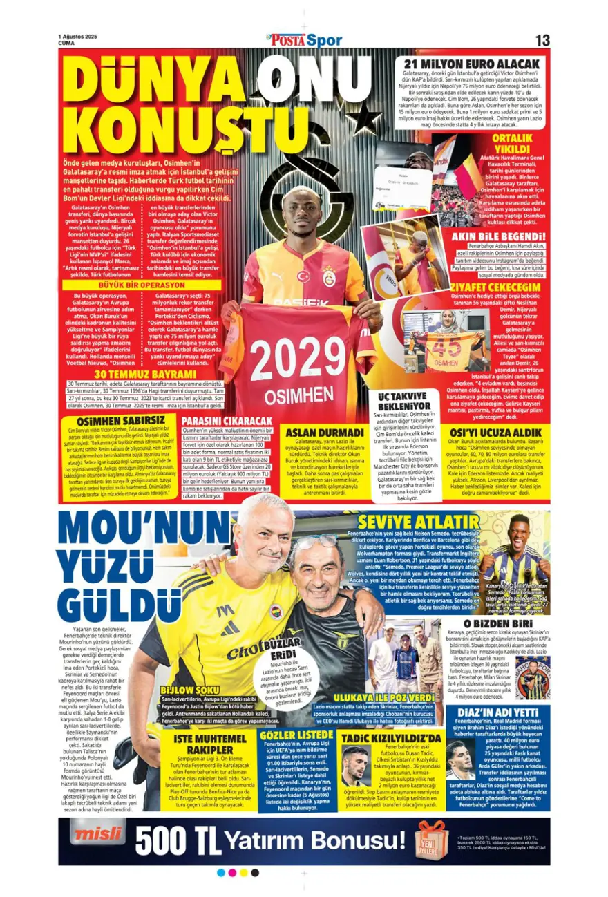 "Her yer karanlık" (1 Ağustos 2025 spor manşetleri) 15