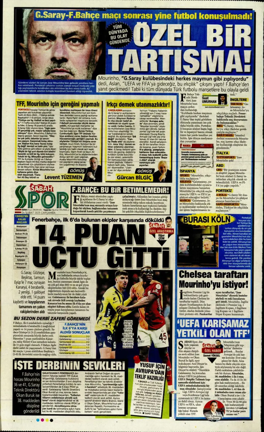 "Türk futbolunda maymun tartışması" (26 Şubat 2025 spor manşetleri) 26