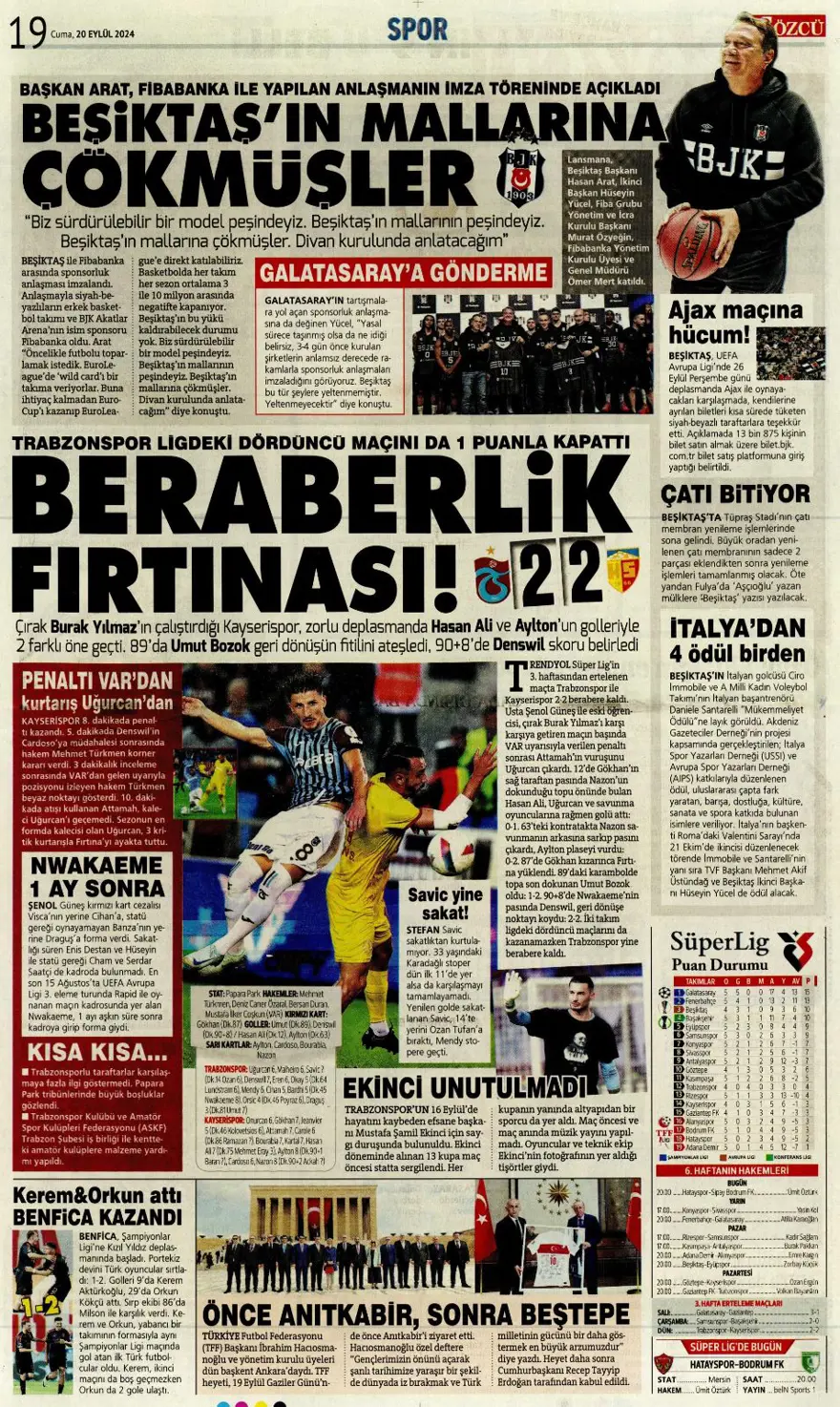 "520 milyon euroluk derbi" (20 Eylül 2024 spor manşetleri) 12