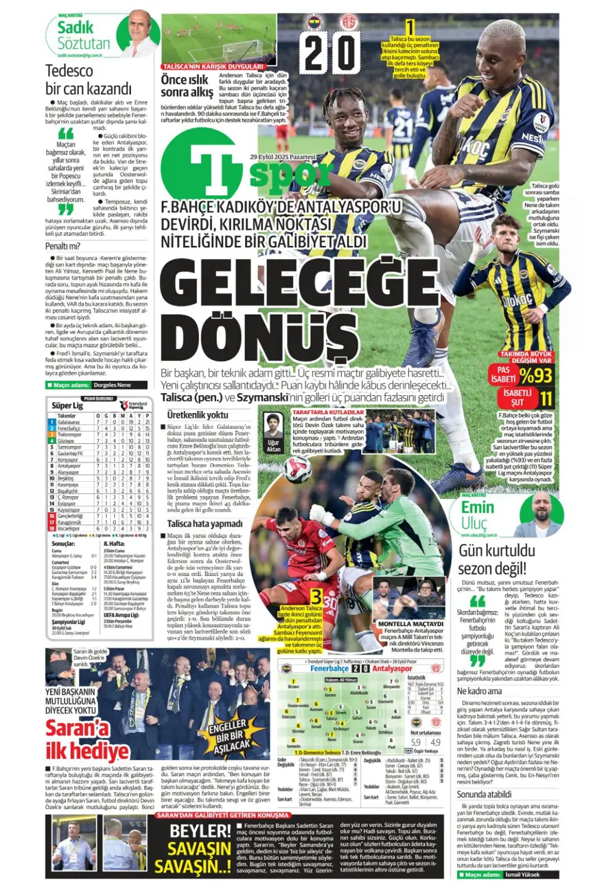 "Hayata dönüş" (29 Eylül 2025 spor manşetleri) 21