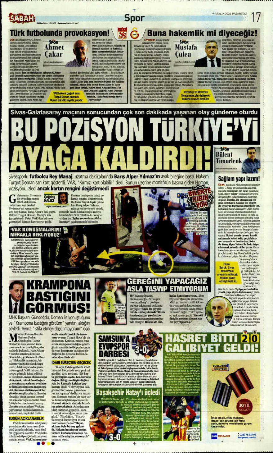 "Bayram yarım kaldı" (9 Aralık 2024 spor manşetleri) 9