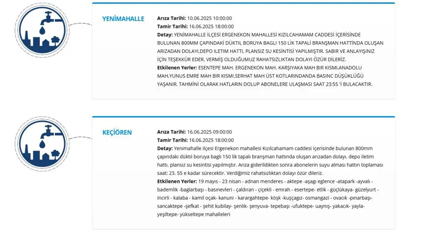 Ankara'da (Keçiören, Polatlı, Yenimahalle, Ayaş) sular ne zaman gelecek? ASKİ su kesintisi programı 3