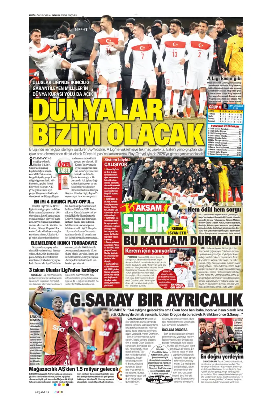 “İtalyan orta saha Fener'e” (17 Ekim 2024 spor manşetleri) 1