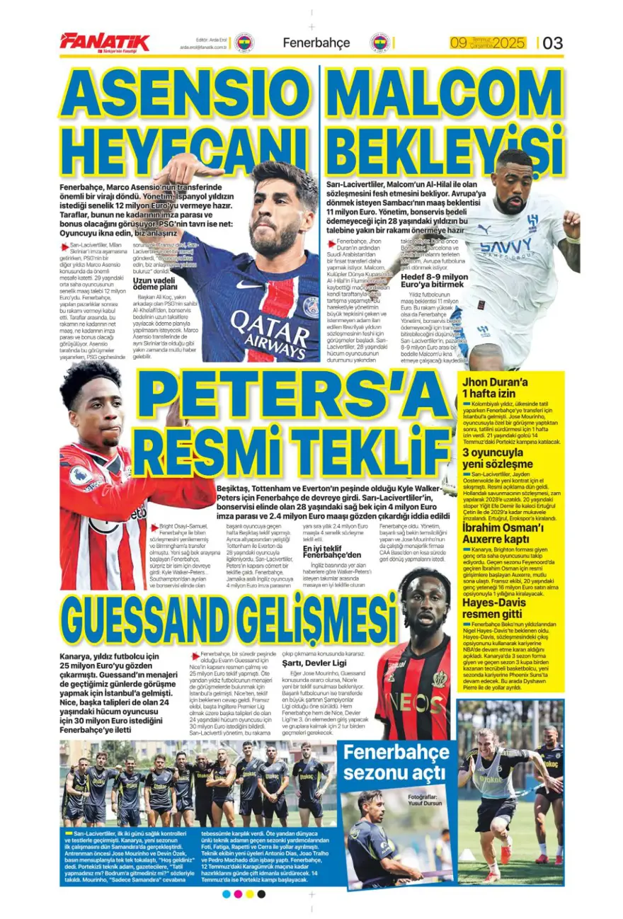 "Peters'a resmi teklif" (9 Temmuz 2025 spor manşetleri) 2