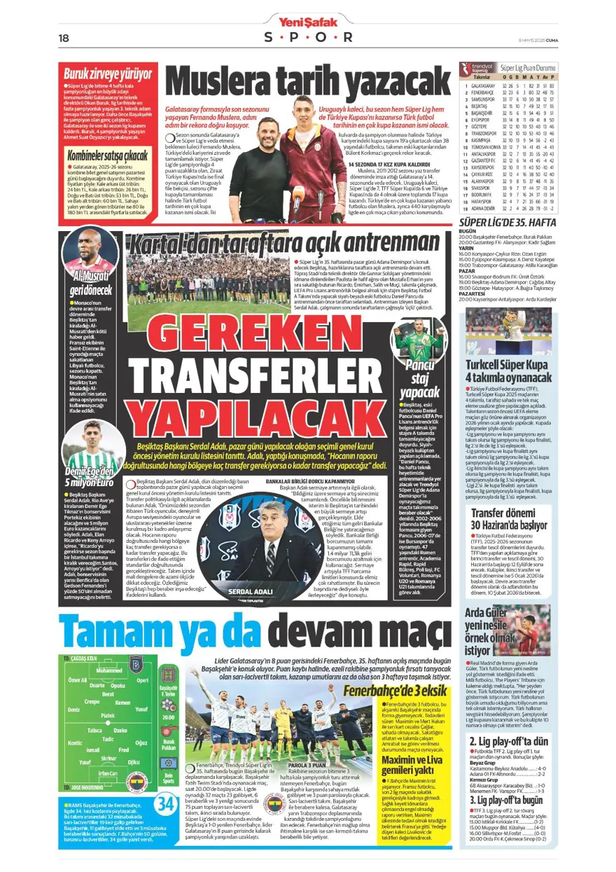 "Galatasaray 10'un peşini bırakmıyor" (9 Mayıs 2025 spor manşetleri) 34