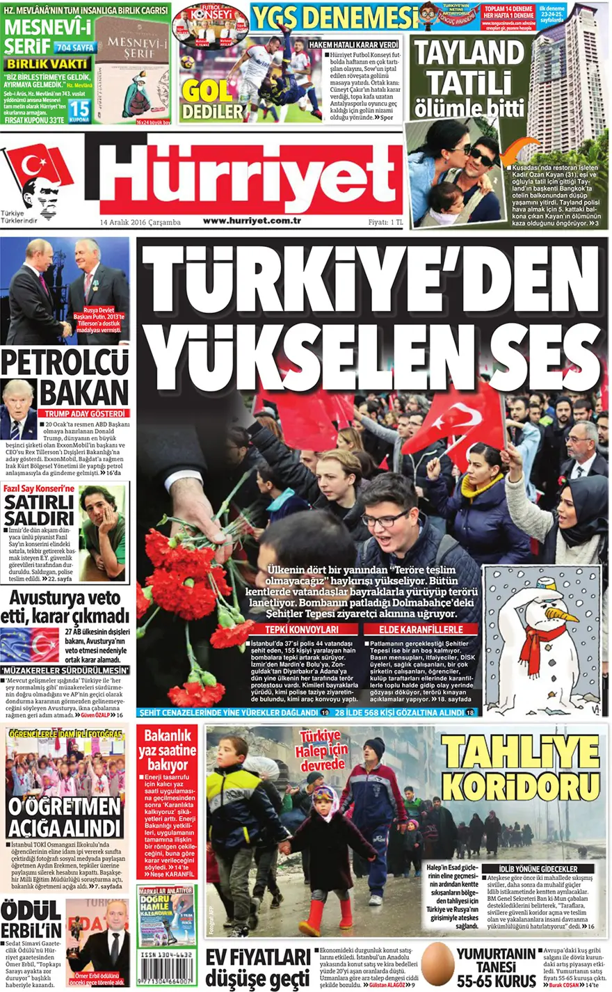 Günün gazete manşetleri - 14 Aralık 2016 2
