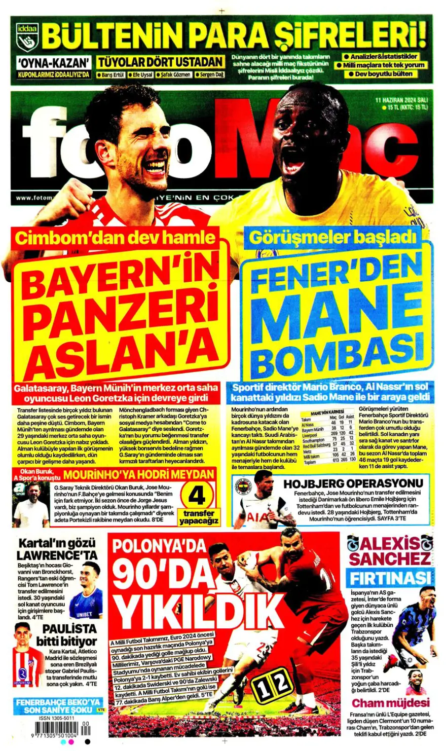 "Fenerbahçe'den Mane bombası" (11 Haziran 2024 spor manşetleri) 
