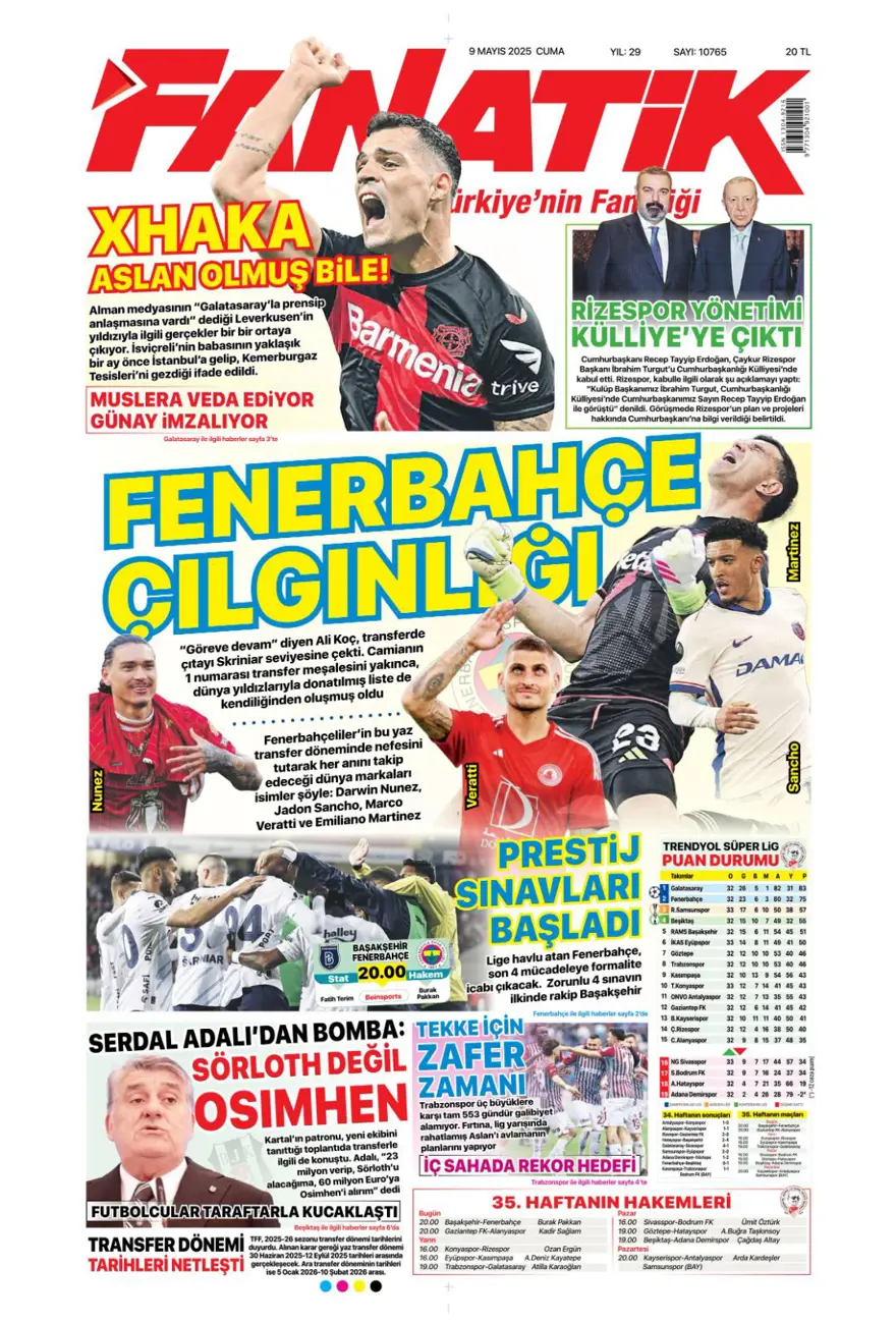 "Galatasaray 10'un peşini bırakmıyor" (9 Mayıs 2025 spor manşetleri) 2