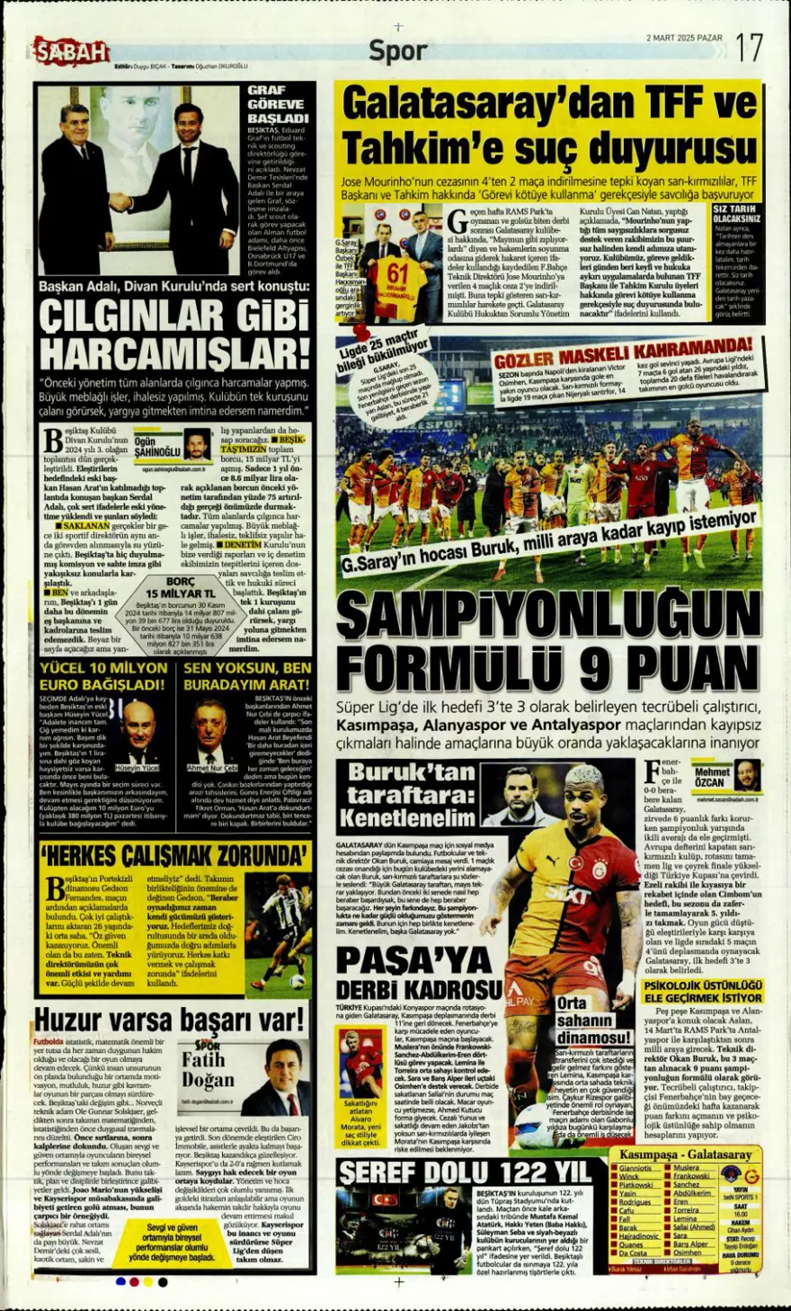 "Süper Lig'de pazar ateşi" (2 Mart 2025 spor manşetleri) 7