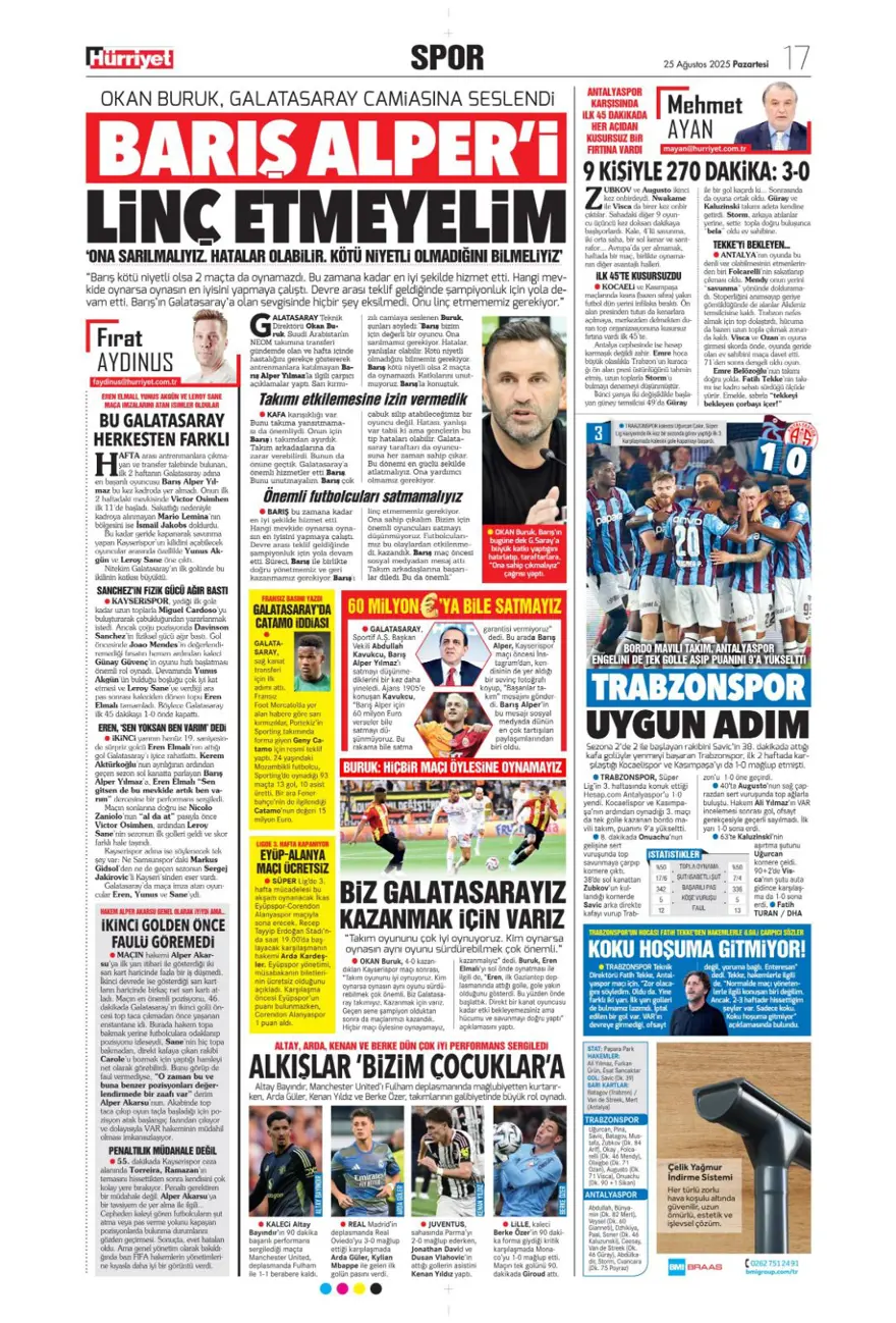 "3 puandan fazlası" (25 Ağustos spor manşetleri) 9