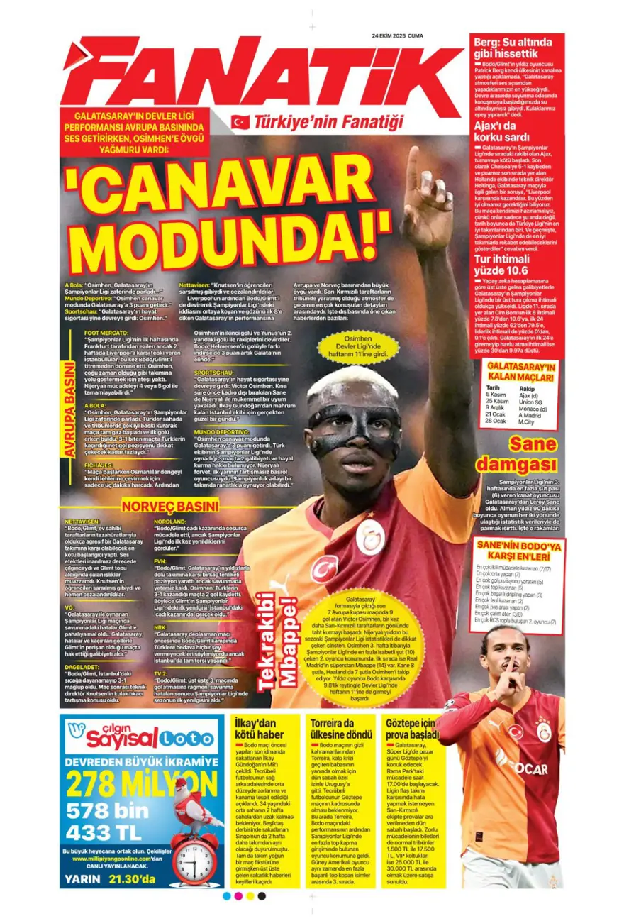 "Kadıköy canavarı" (24 Ekim 2025 spor manşetleri) 6
