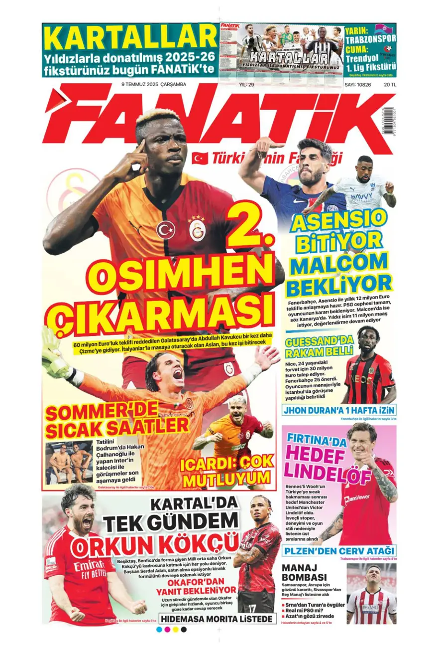 "Peters'a resmi teklif" (9 Temmuz 2025 spor manşetleri) 