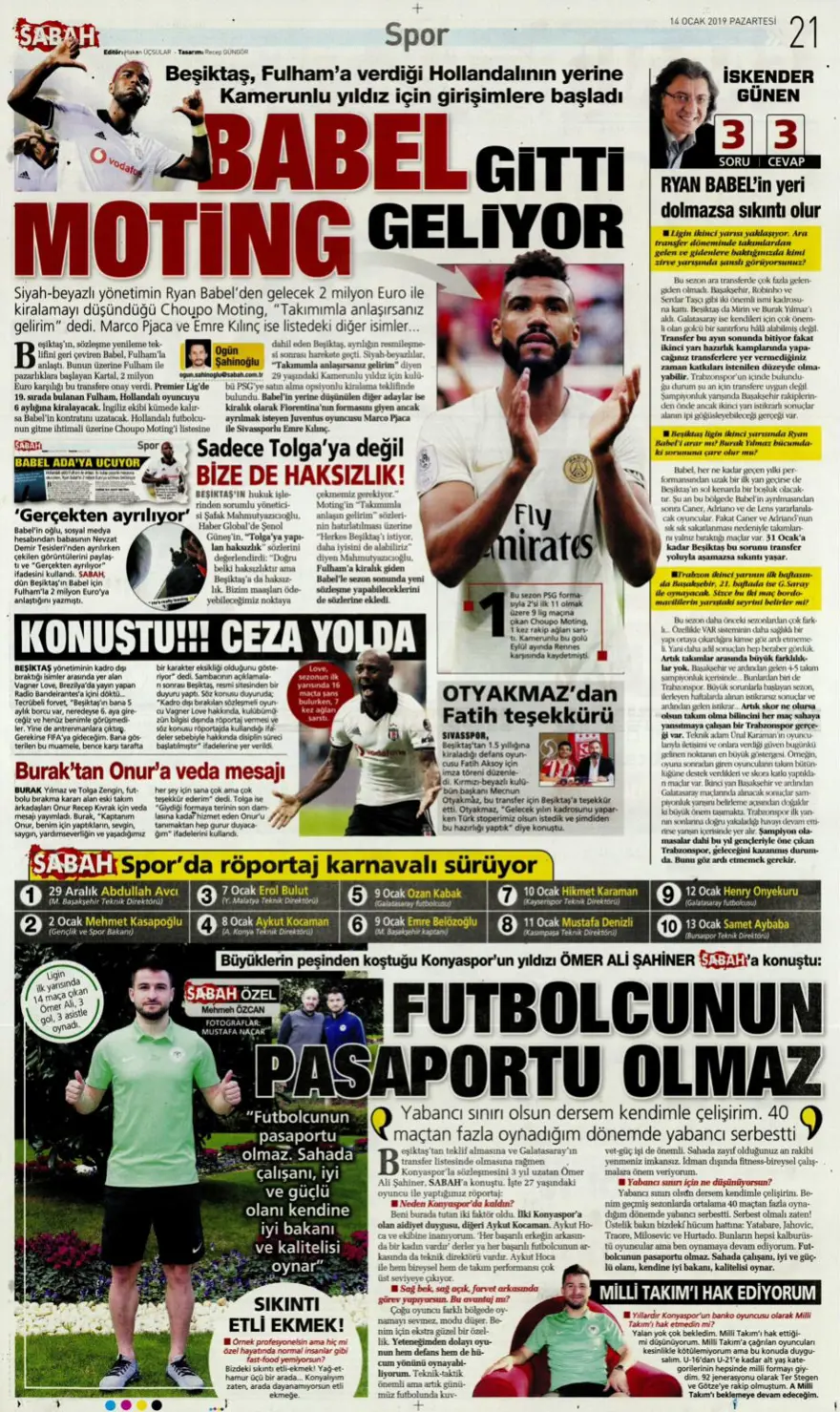 Günün spor manşetleri (14 Ocak 2019) 9