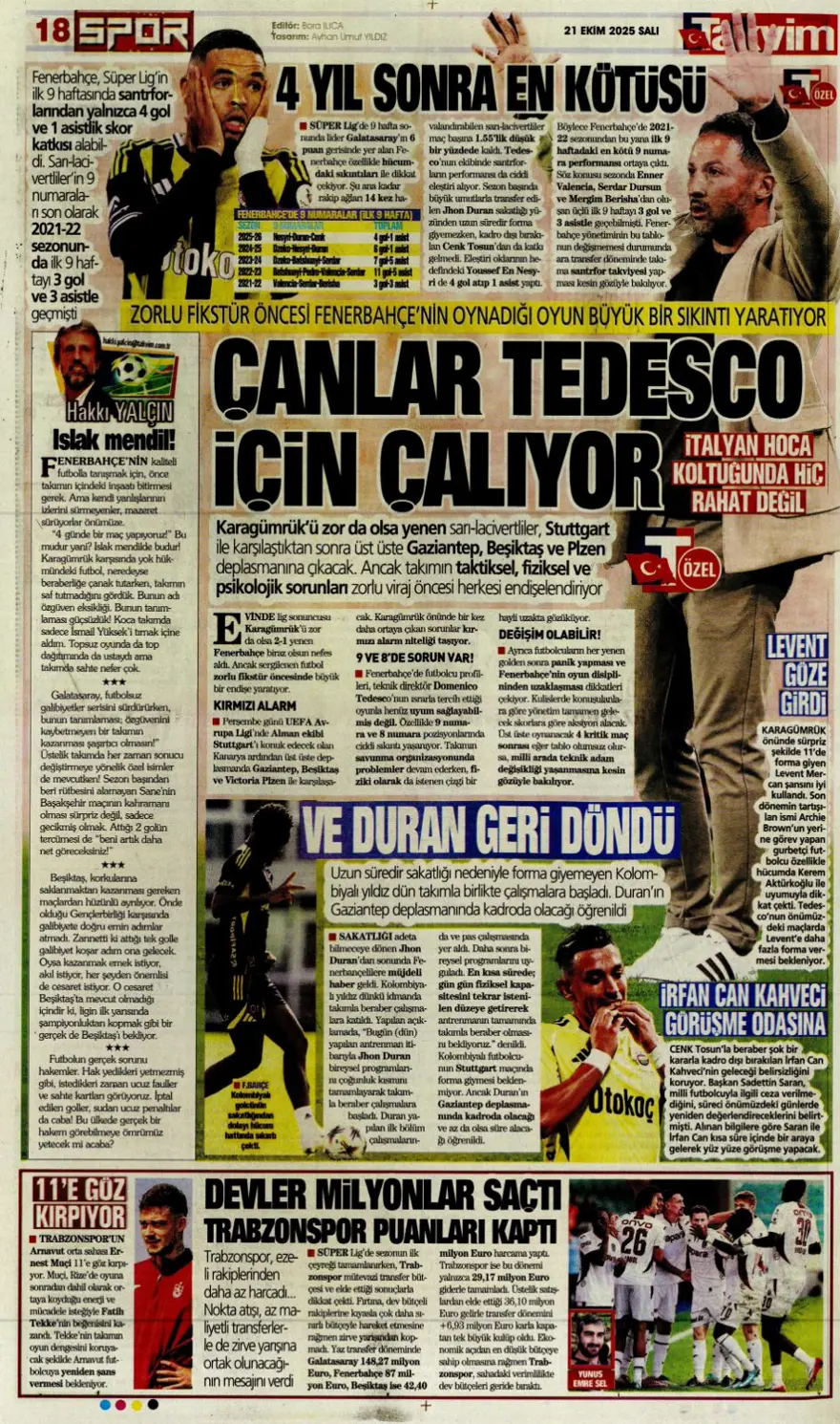 "Fenerbahçe'nin kader virajı" (21 Ekim 2025 spor manşetleri) 22