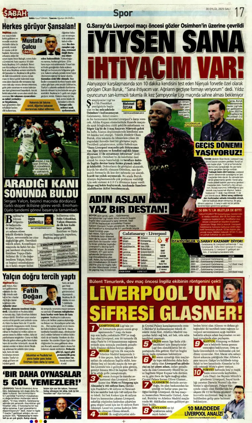 "Cehennem Liverpool'u bekliyor" (30 Eylül 2025 spor manşetleri) 21