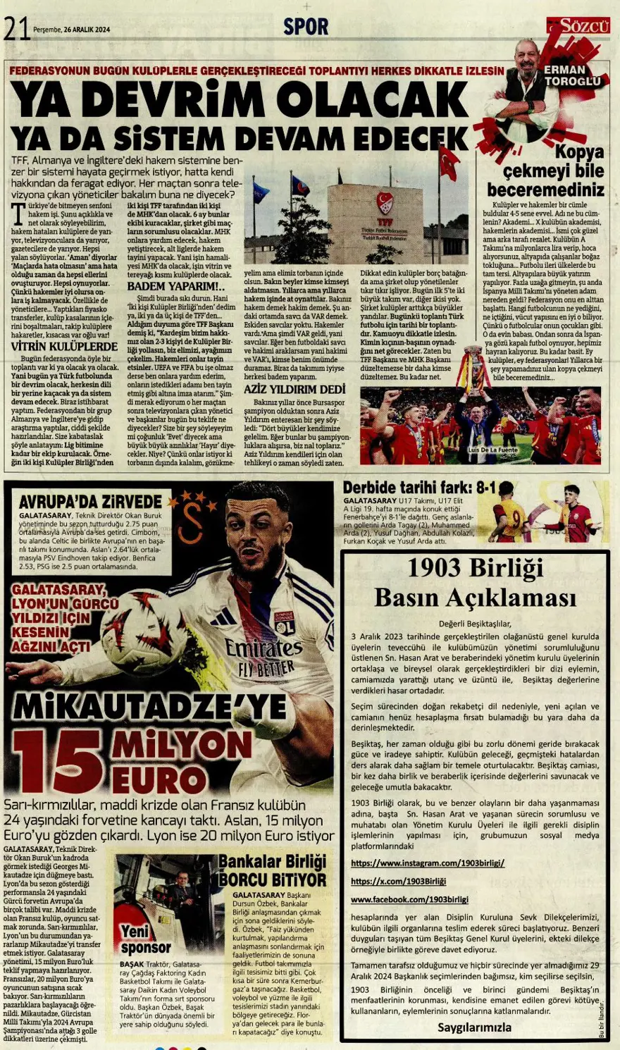 "Aslan'dan dev harekat" (26 Aralık 2024 spor manşetleri) 20