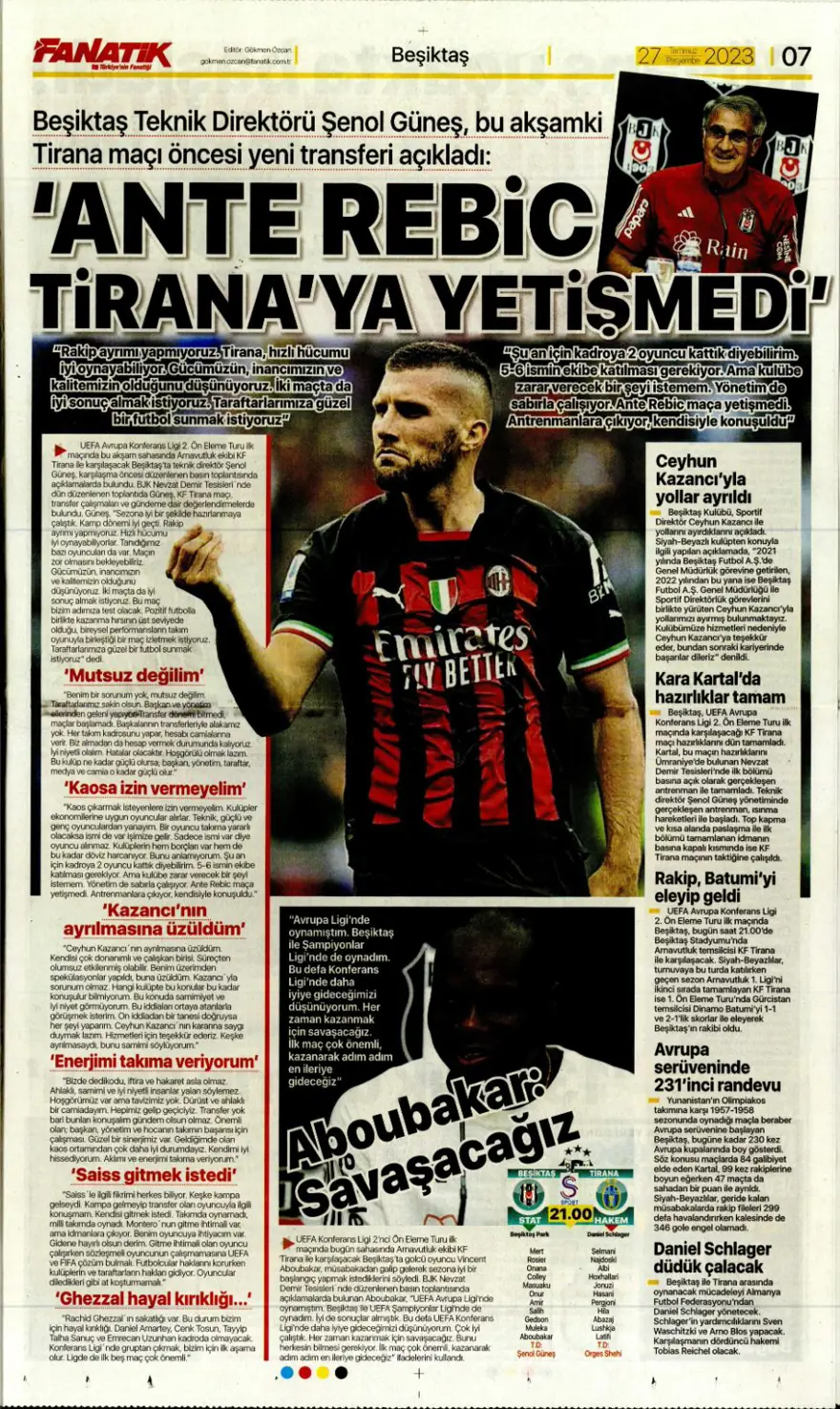 "Hücumda joker Rebic" günün spor manşetleri (27 Temmuz 2023) 9