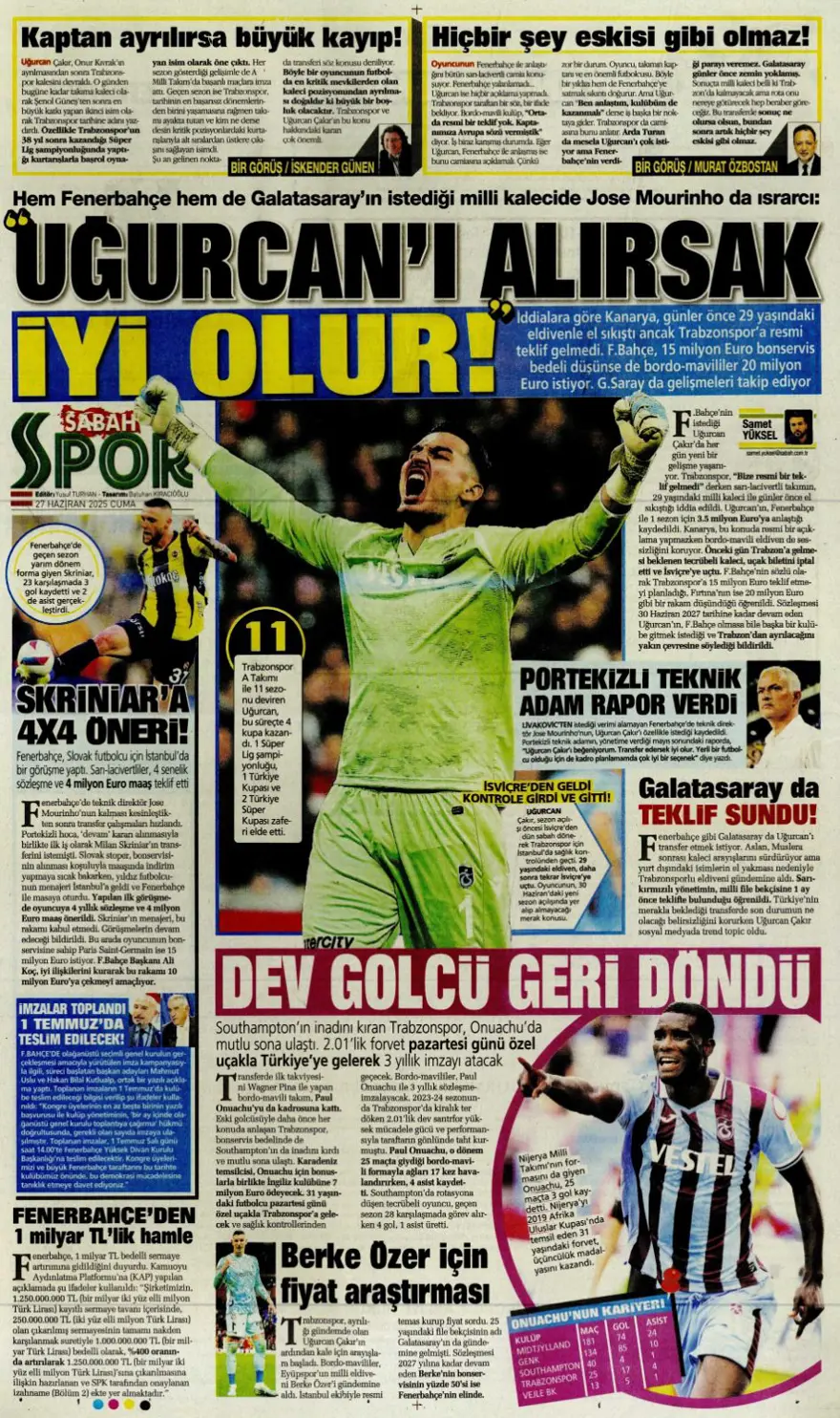 "Aslan'ın stoperi Real'den geliyor" (27 Haziran 2025 spor manşetleri) 12