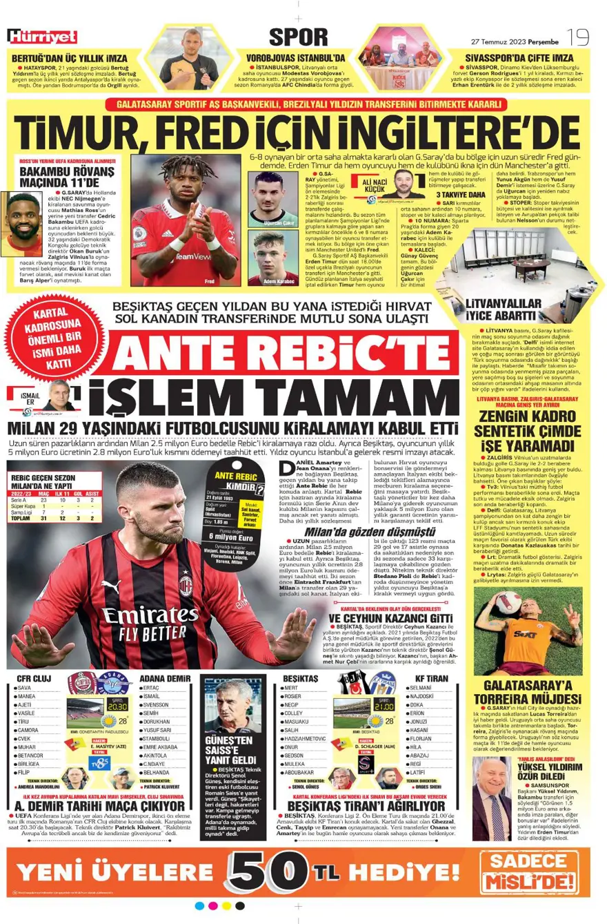 "Hücumda joker Rebic" günün spor manşetleri (27 Temmuz 2023) 21