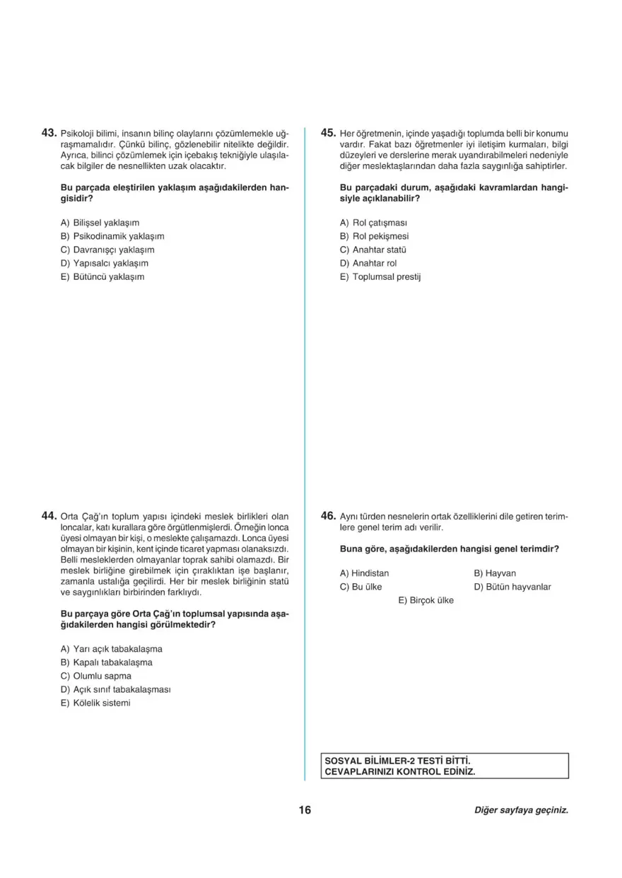 Uğur Okulları AYT -1 deneme sınavı 15