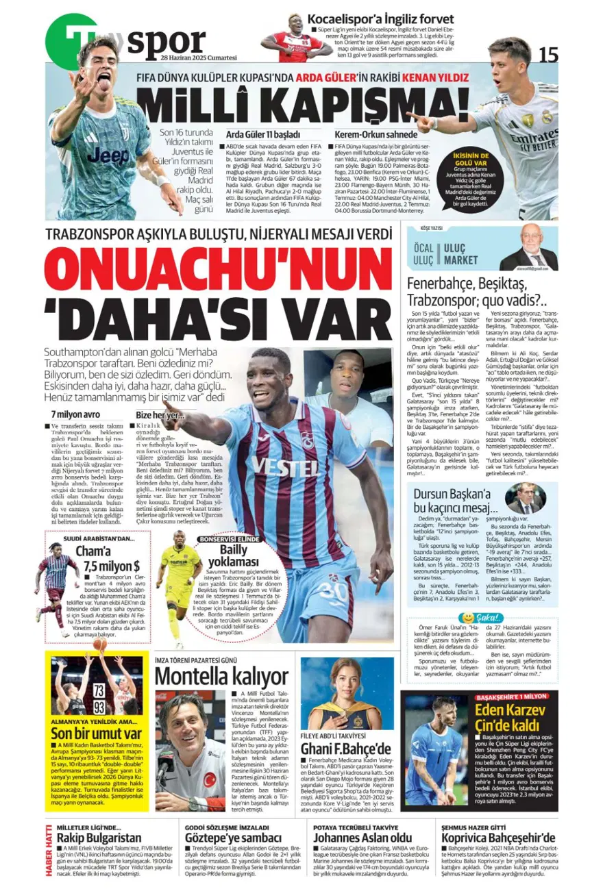 "Kolombiya seferi" (28 Haziran 2025 spor manşetleri) 16