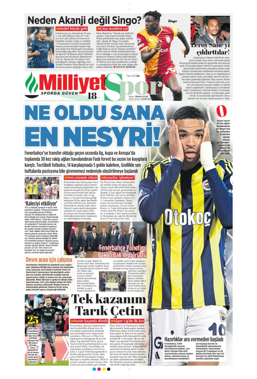 "100 milyonluk hayal kırıklığı" (7 Ekim 2025 spor manşetleri) 8