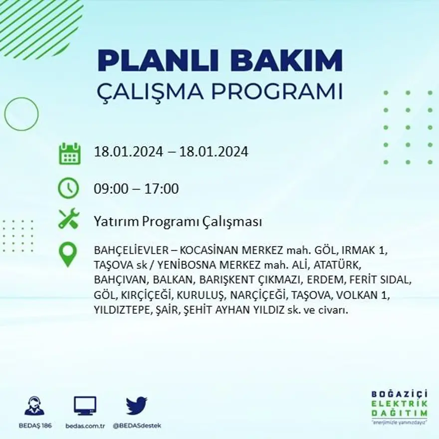 İstanbul'un 17 ilçesinde elektrik kesintisi yaşanacak: Elektrikler ne zaman gelecek? (18 Ocak BEDAŞ kesinti programı) 10