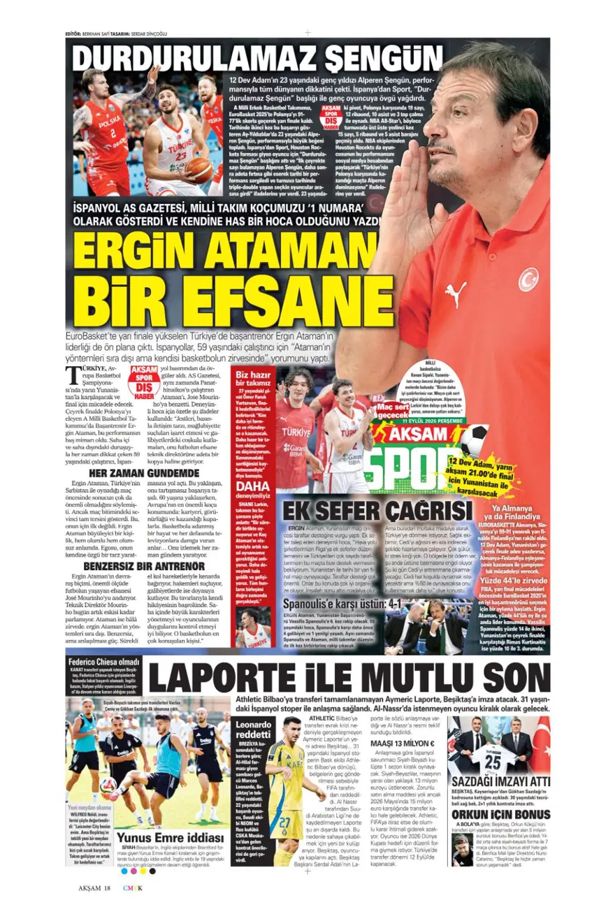 "Aslan'a yeni Mertens" (11 Eylül spor manşetleri) 1