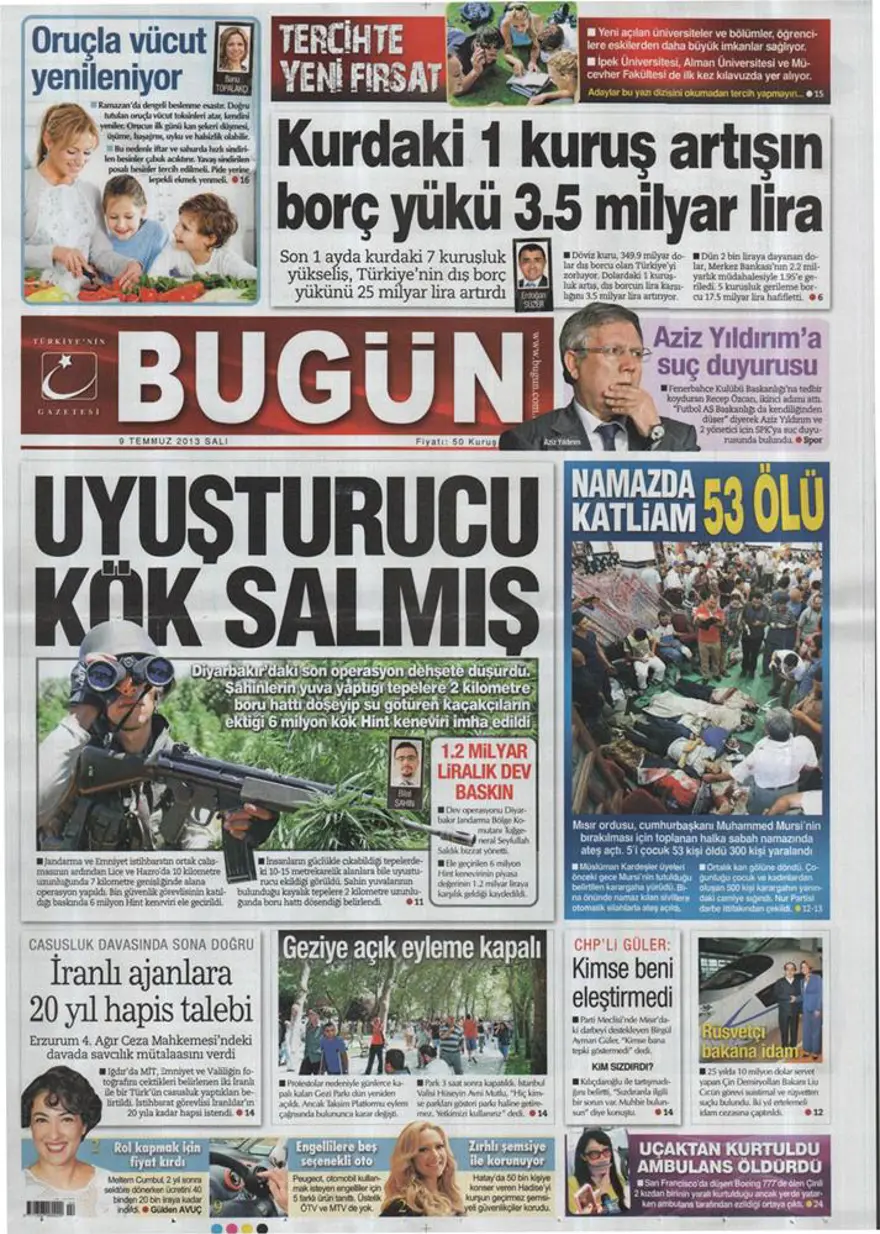 9 Temmuz 2013 gazete manşetleri 