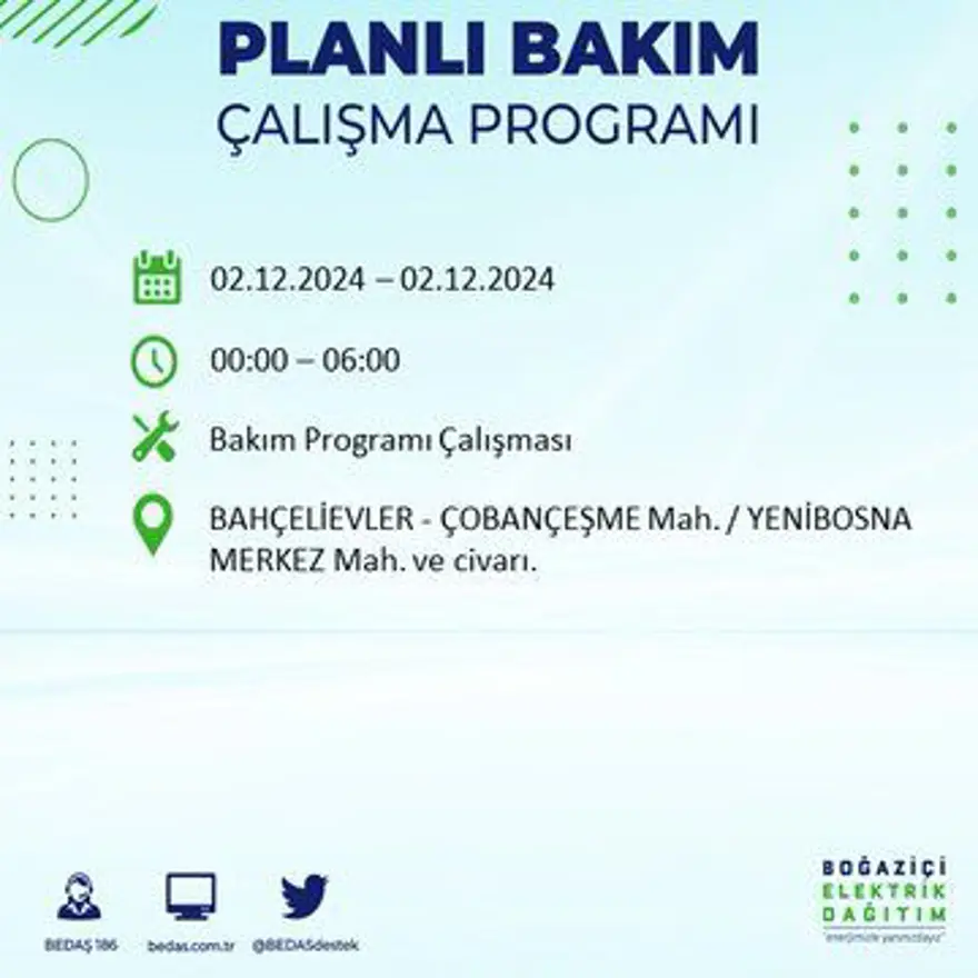İstanbul'un 20 ilçesinde elektrik kesintisi: Elektrikler ne zaman gelecek? BEDAŞ 2 Aralık kesinti programını paylaştı 6 İstanbul'un 20 ilçesinde elektrik kesintisi: Elektrikler ne zaman gelecek? BEDAŞ 2 Aralık kesinti programını paylaştı 6
