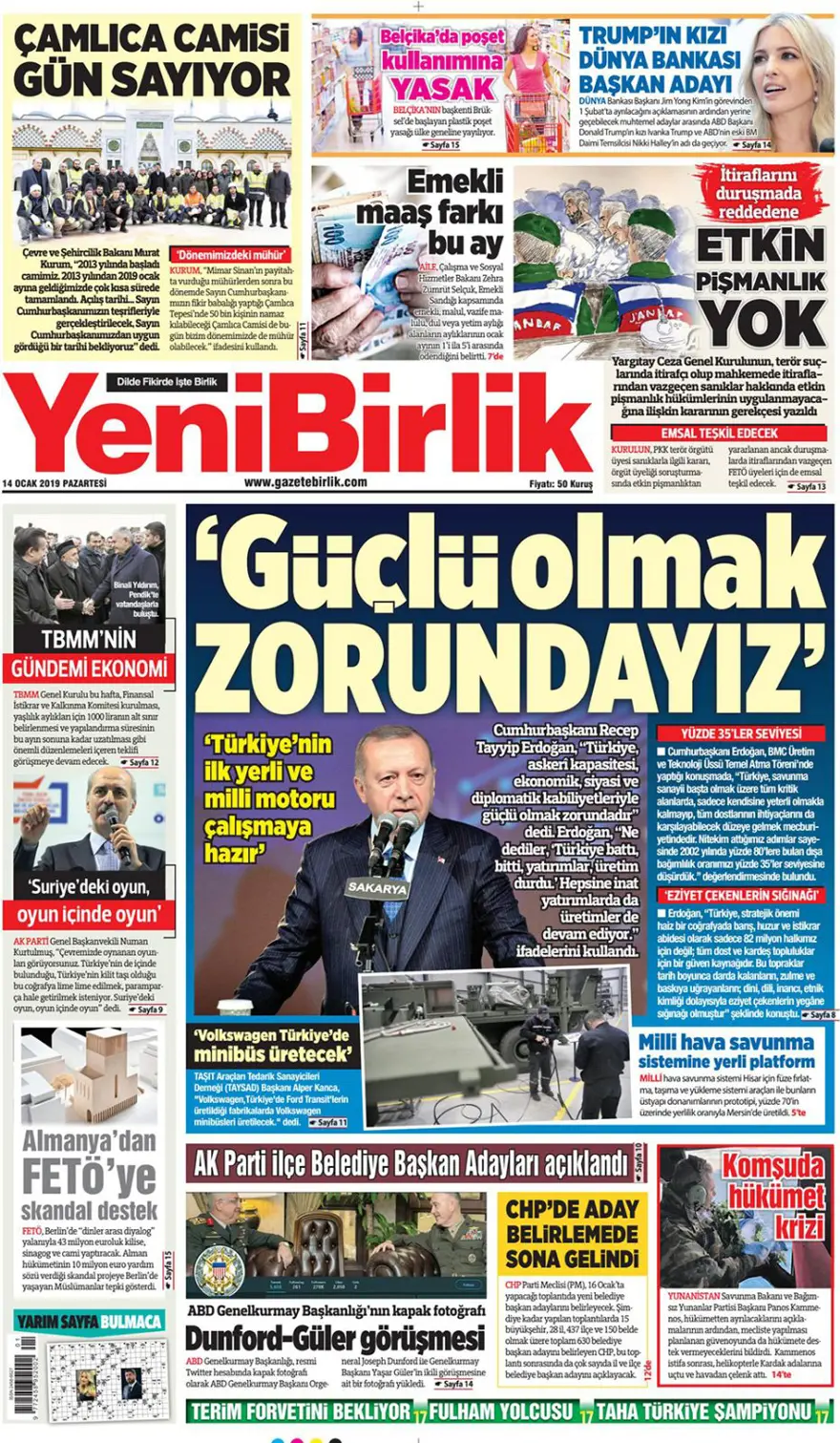Günün gazete manşetleri - 14 Ocak 2019 2