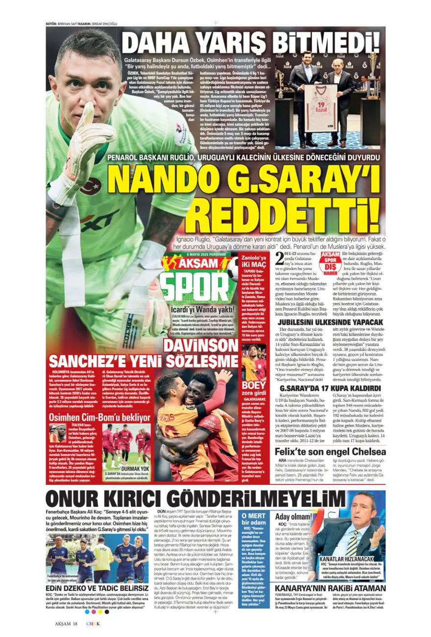 "Alacağım yok, borcum var" (8 Mayıs 2025 spor manşetleri) 4