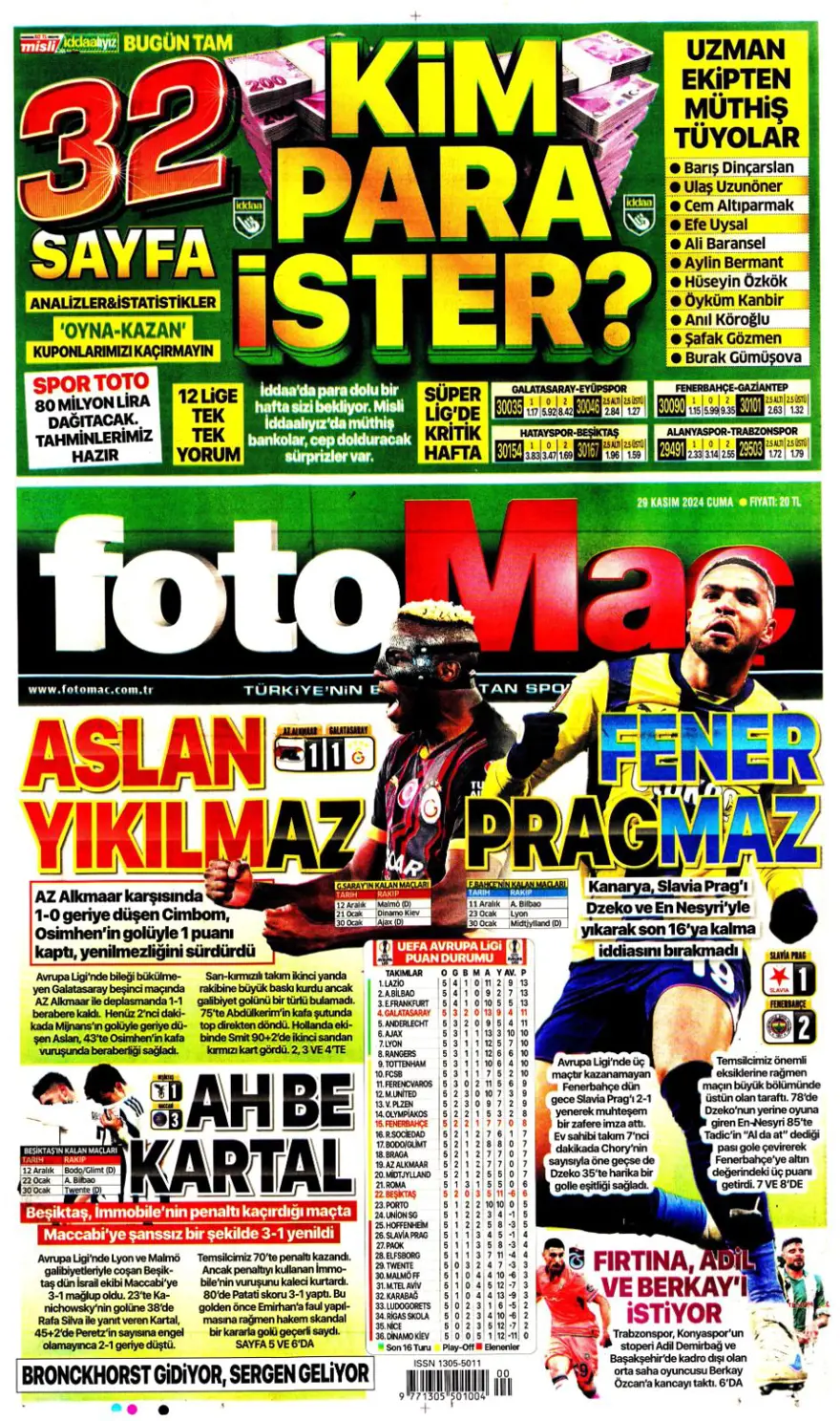 "Avrupa'da Fener alayı" (29 Kasım 2024 spor manşetleri) 12