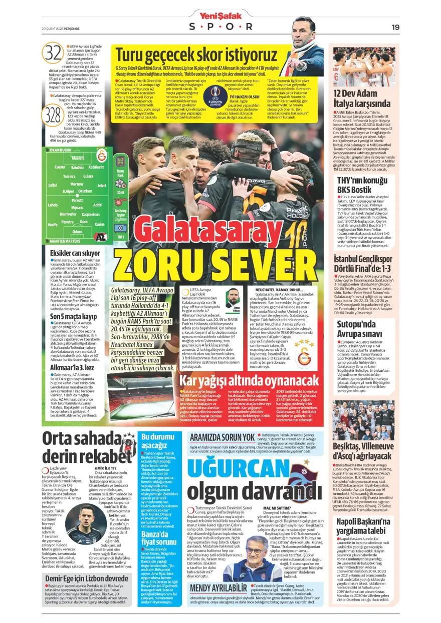 "Fenerbahçe zafer, Aslan destan peşinde" (20 Şubat spor manşetleri) 20