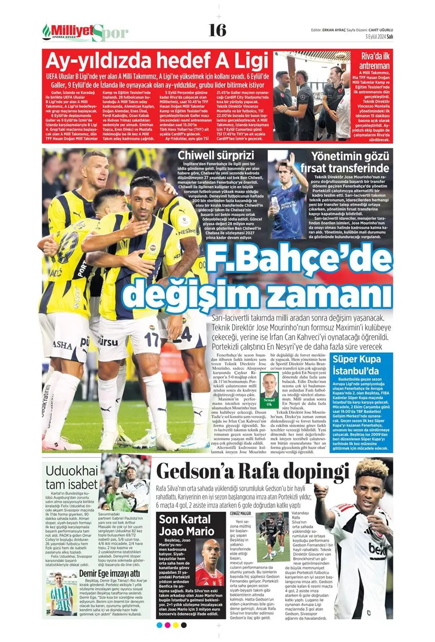 "100 milyon euroluk golcü" (3 Eylül 2024 spor manşetleri) 2