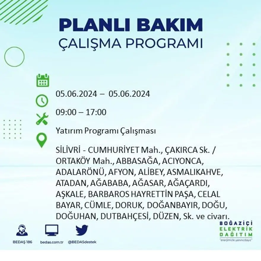 İstanbul'un 19 ilçesinde elektrik kesintisi: Elektrikler ne zaman gelecek? (5 Haziran BEDAŞ kesinti programı) 52 İstanbul'un 19 ilçesinde elektrik kesintisi: Elektrikler ne zaman gelecek? (5 Haziran BEDAŞ kesinti programı) 52