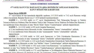 SON DAKİKA: Yeni Kanun Hükmünde Kararname yayımlandı (477 sayılı KHK Resmi Gazete'de)