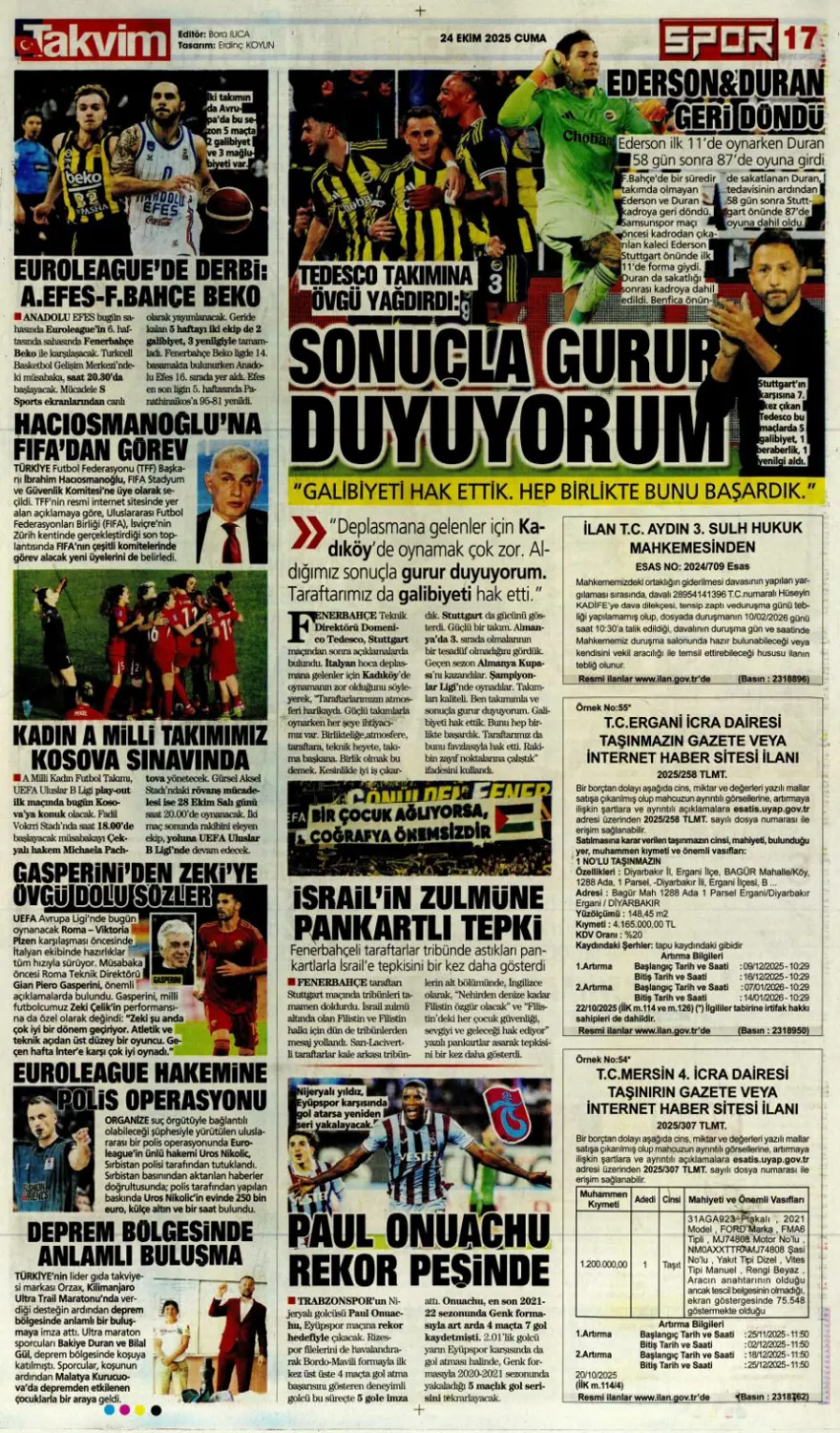 "Kadıköy canavarı" (24 Ekim 2025 spor manşetleri) 23