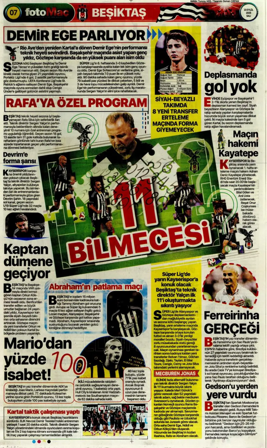 "Süper Lig'in Aslan'ı" (23 Eylül spor manşetleri) 14