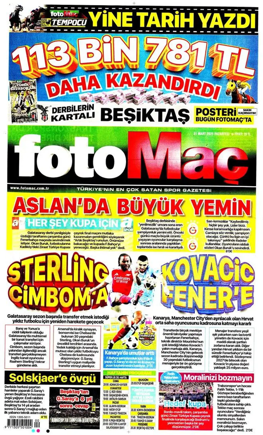 "Aslan'da büyük yemin" (31 Mart 2025 spor manşetleri) 